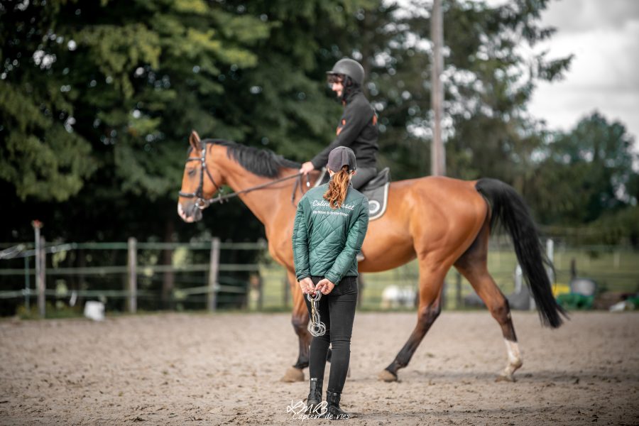 Photo de Coline Gosset donnant des cours à un cavalier et son cheval